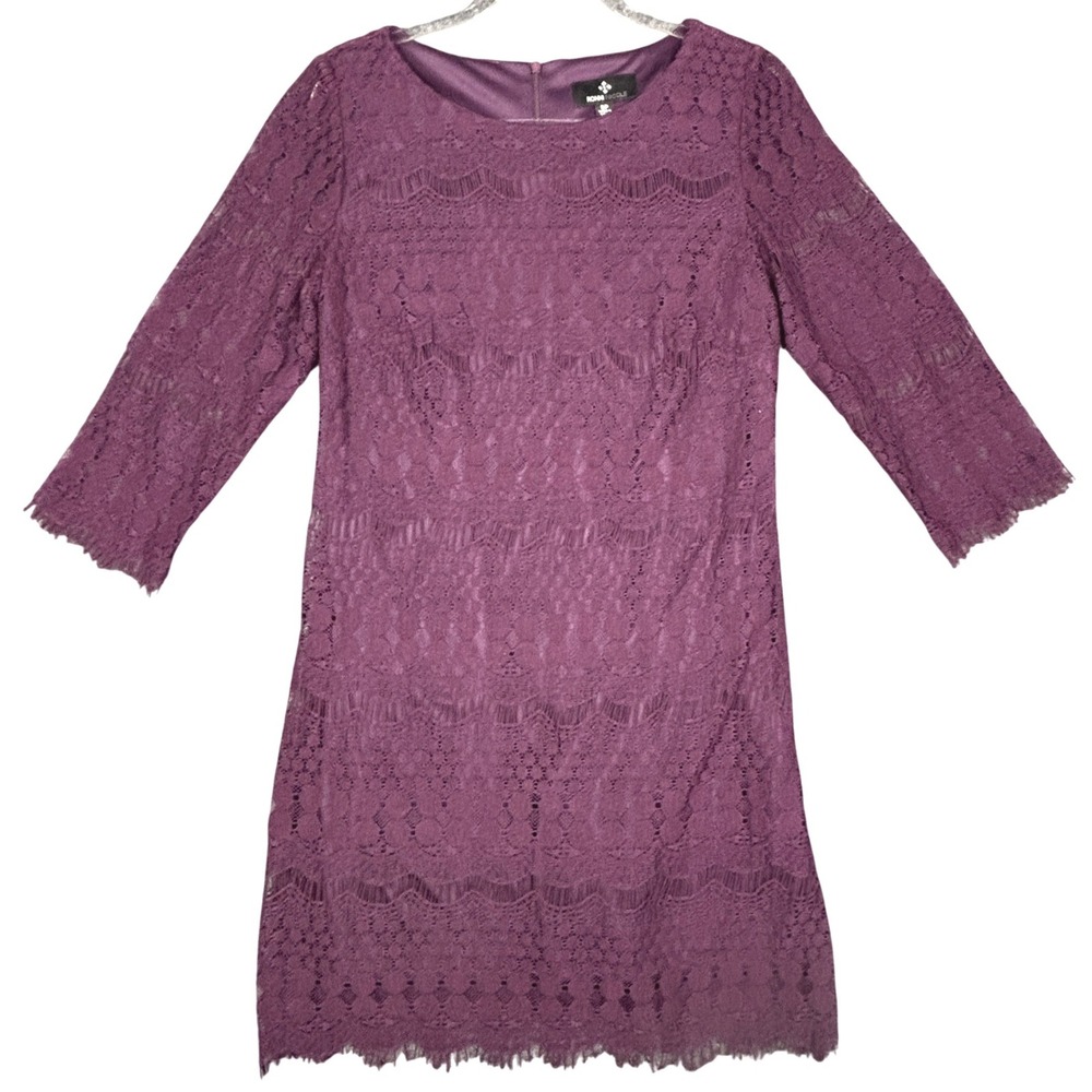 Ronni Nicole Purple‎ Lace Sheath Dress 3/4 Sleeve Scalloped Hem 6P